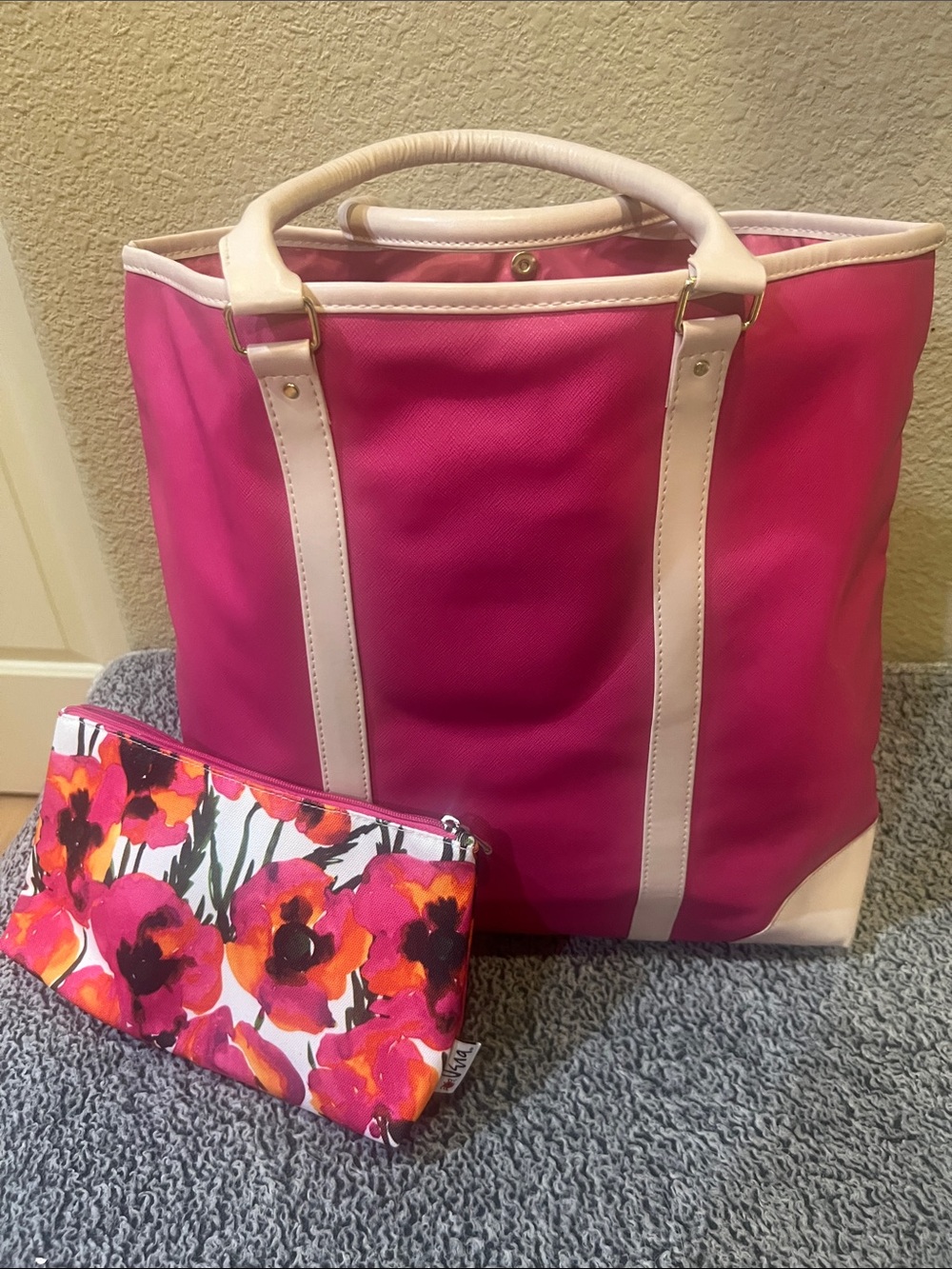 Pink and Cream Tote Bag with Floral Pouch
